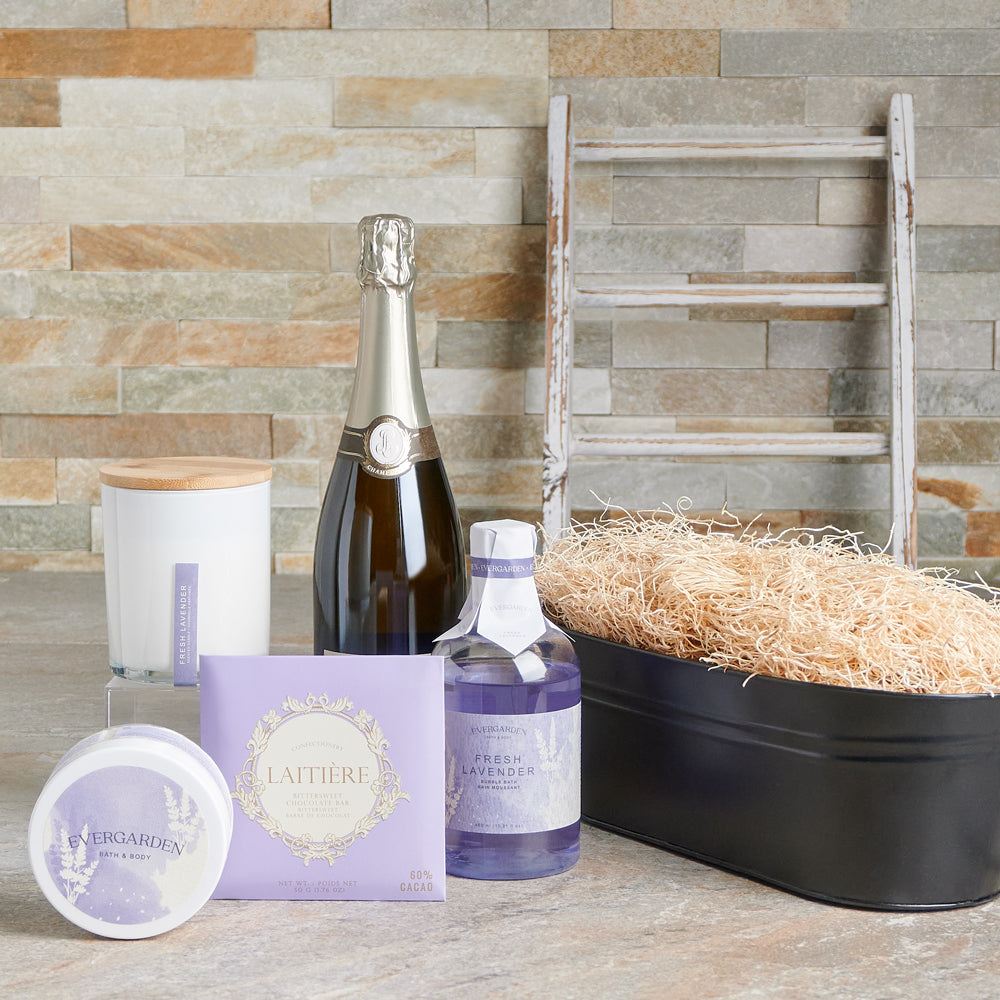 candle, chocolate, sparkling wine gift set, sparkling wine gift, sparkling wine, skincare, bath and body, spa, lavender, Set 24096-2021, spa gift set delivery, delivery spa gift set