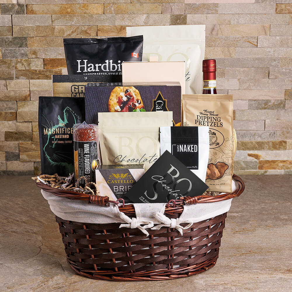 Gourmet Wine and Fine Food Gift Basket with Double Handles – how the gift is presented