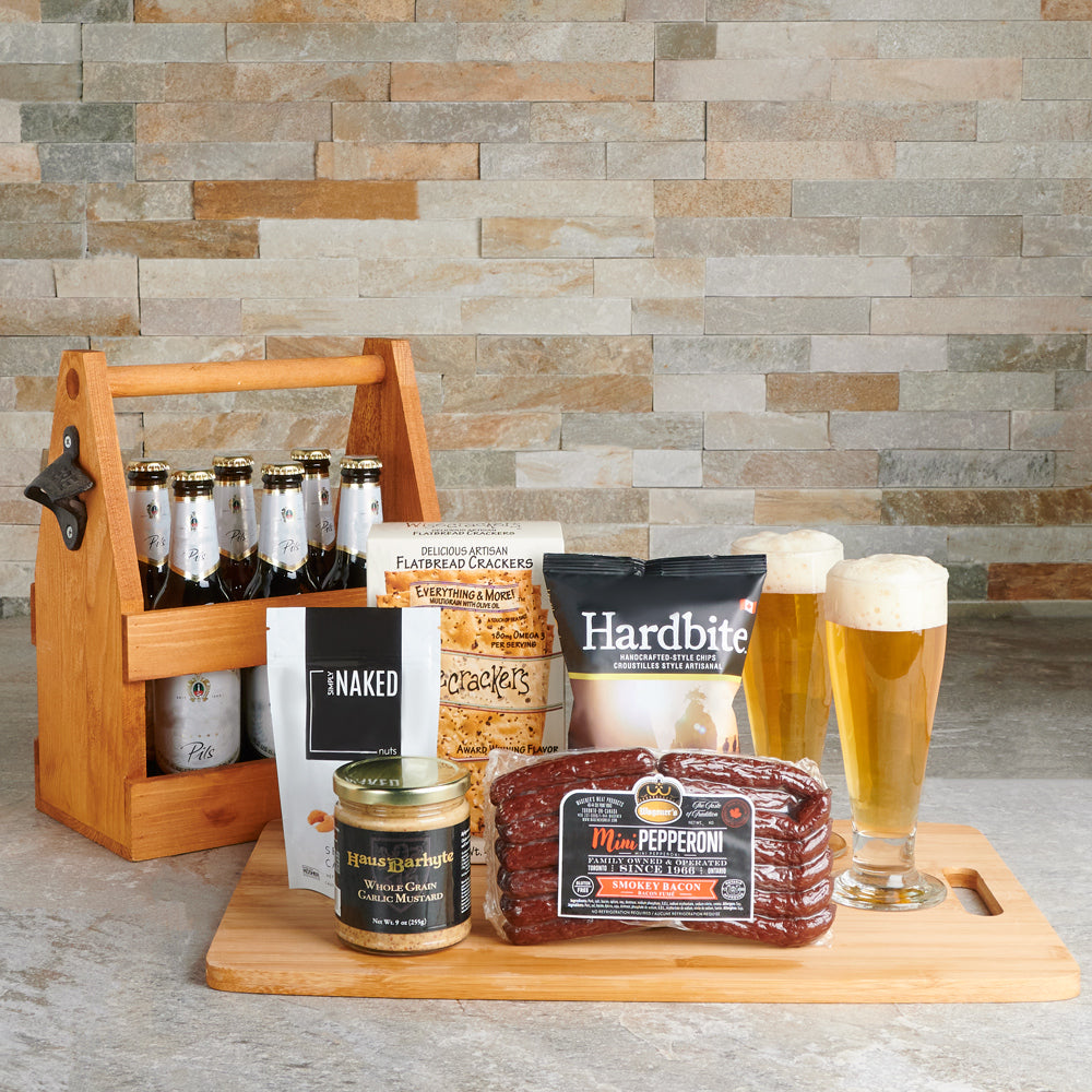 Flatbread Crackers and Beer Basket – how the gift is presented