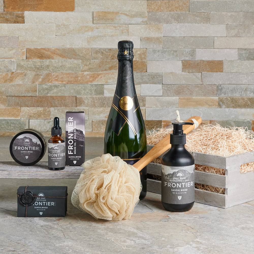 Sandalwood Total Relaxation Crate, spa gift, spa gift for him, sparkling wine gift, champagne, champagne gift