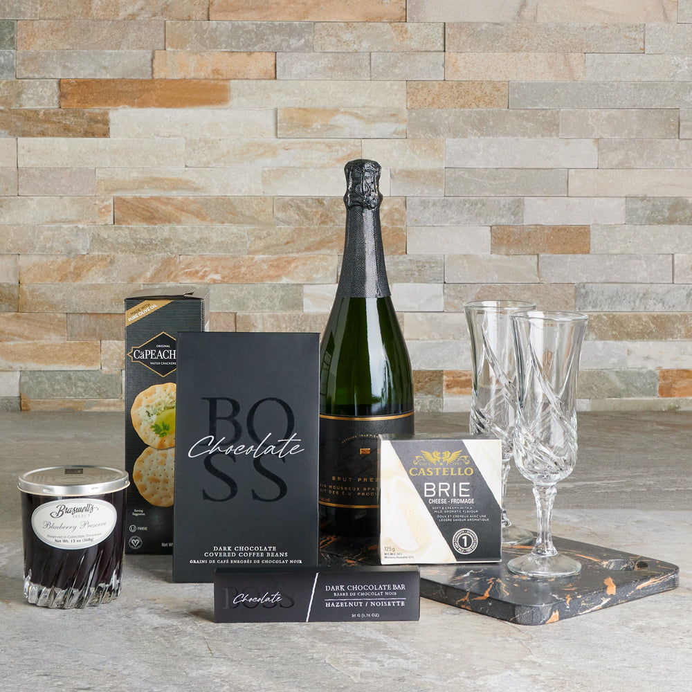Sparkling Wine and Chocolate Coffee Beans – how the gift is presented