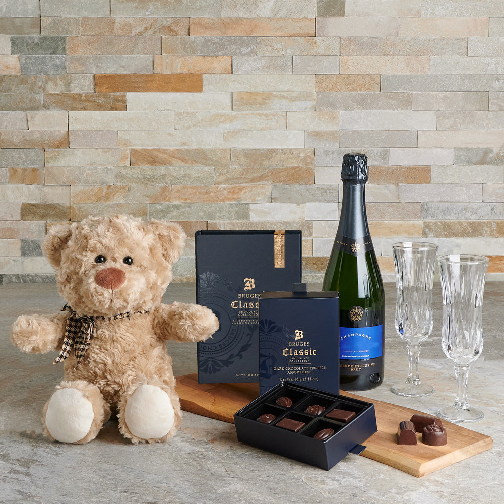 Premium Sparkling Wine Basket Featuring Bruges Chocolate Truffles and Plush Bear – how the gift is presented