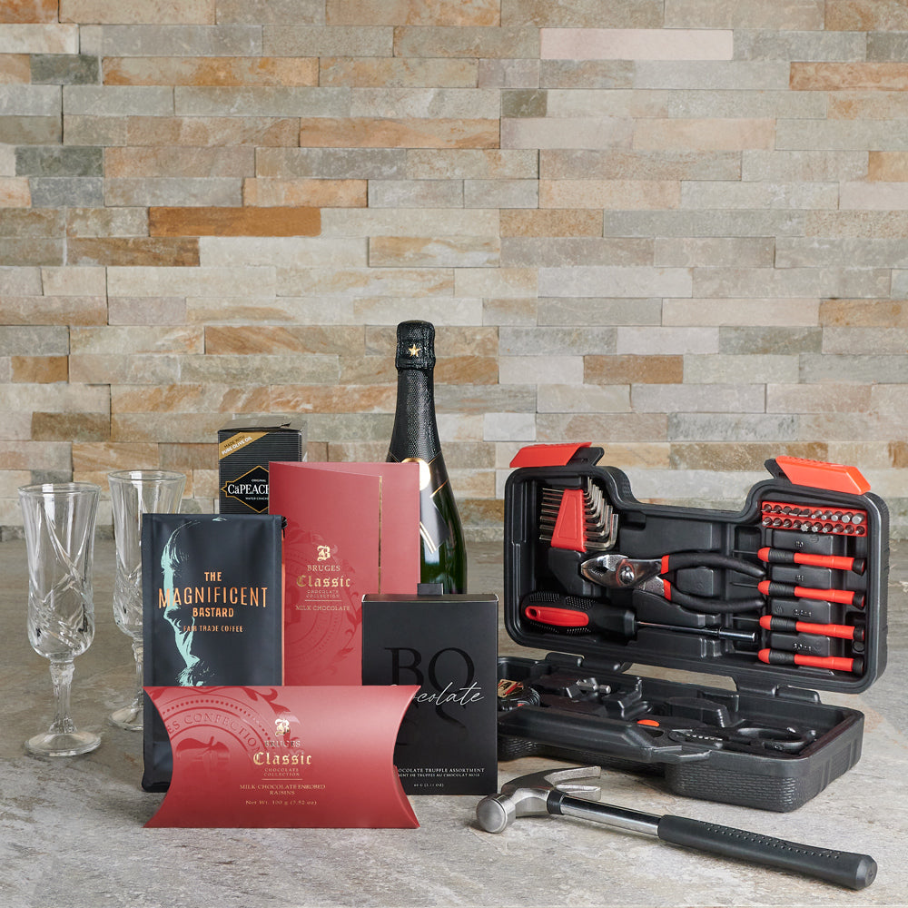 Signature Sparkling Wine Gift with Chocolate, Crackers, Coffee, and Cheese Board – how the gift is presented
