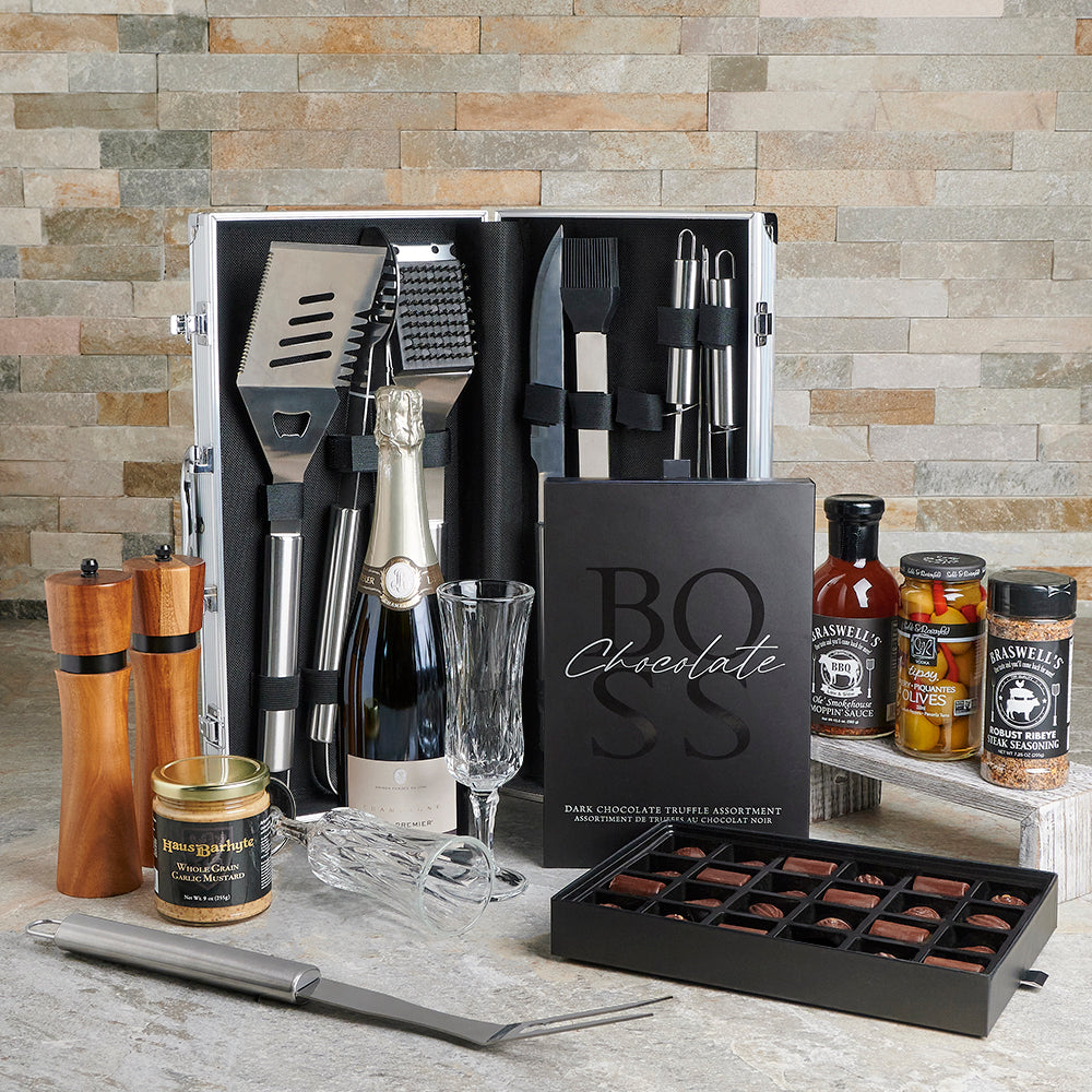 BBQ Tools with Sparkling Wine – how the gift is presented