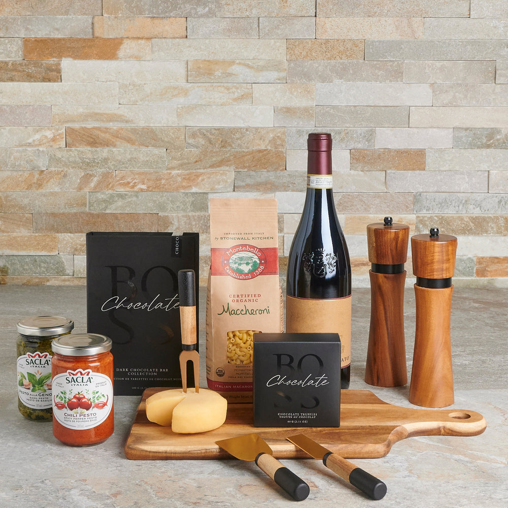 Wine Gift Basket Featuring Pesto Sauces and Artisan Cheese – how the gift is presented