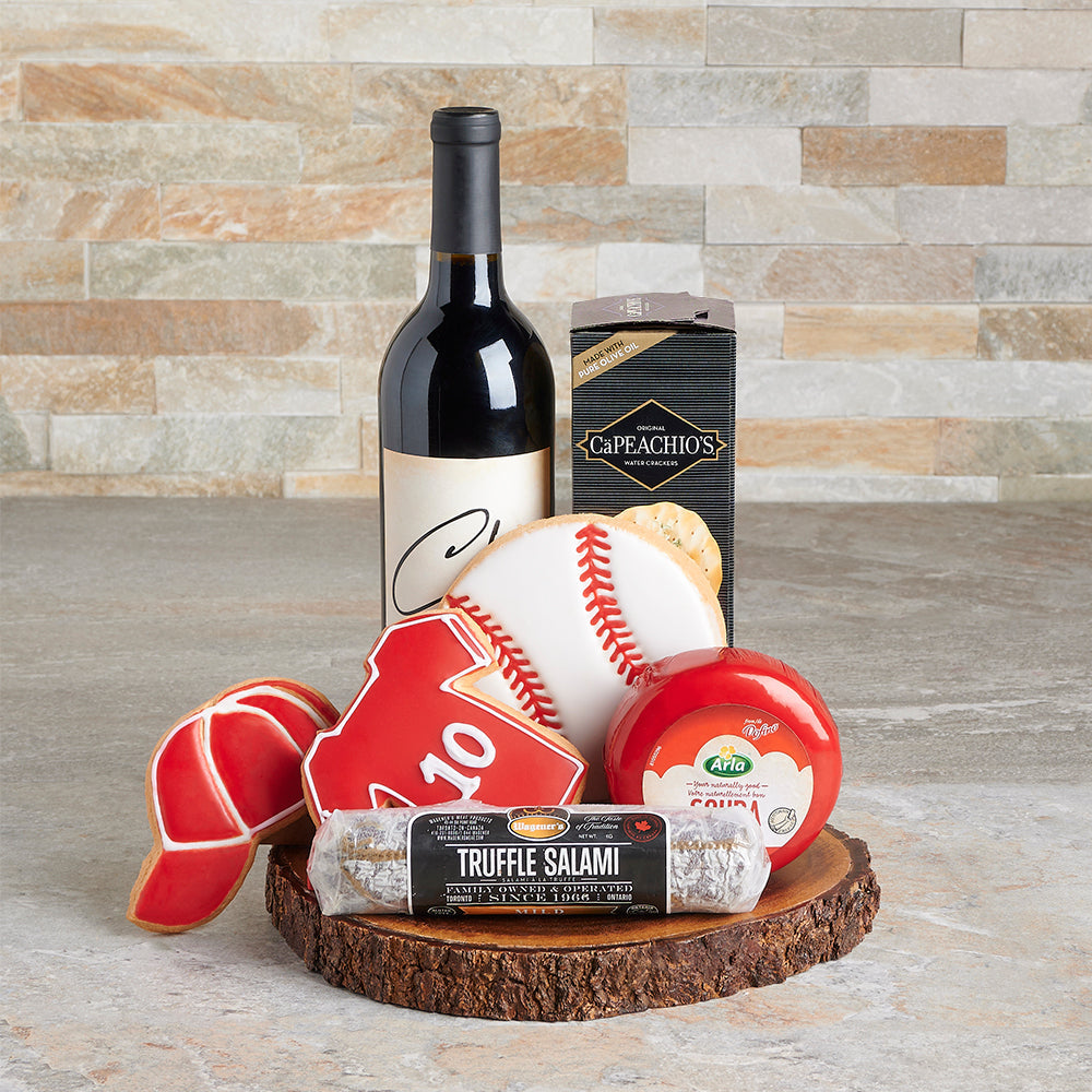 Wine Gift Basket Featuring Salami, Gouda Cheese, and Cookies – how the gift is presented