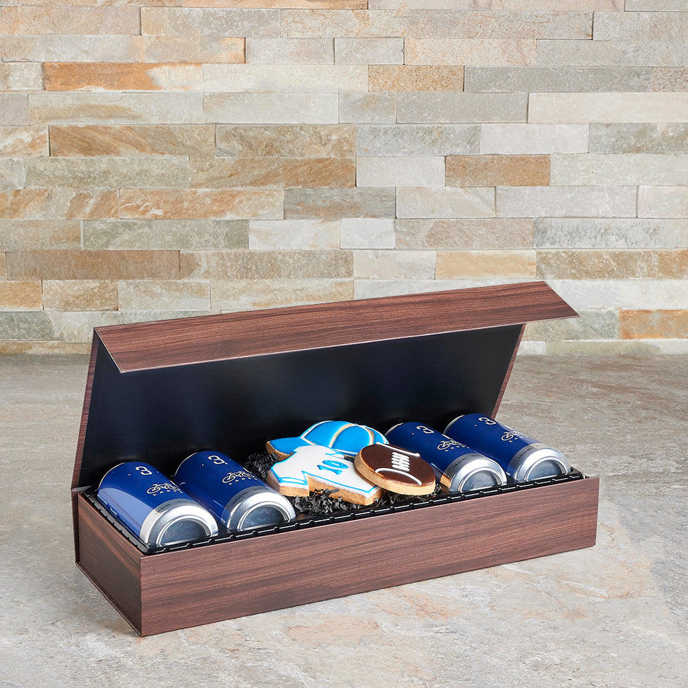 Father's Day Beverage Box Set with Craft Beers and Football Cookies – how the gift is presented