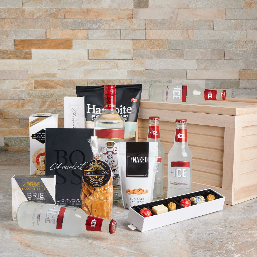 Vodka with Crackers and Chocolates – how the gift is presented