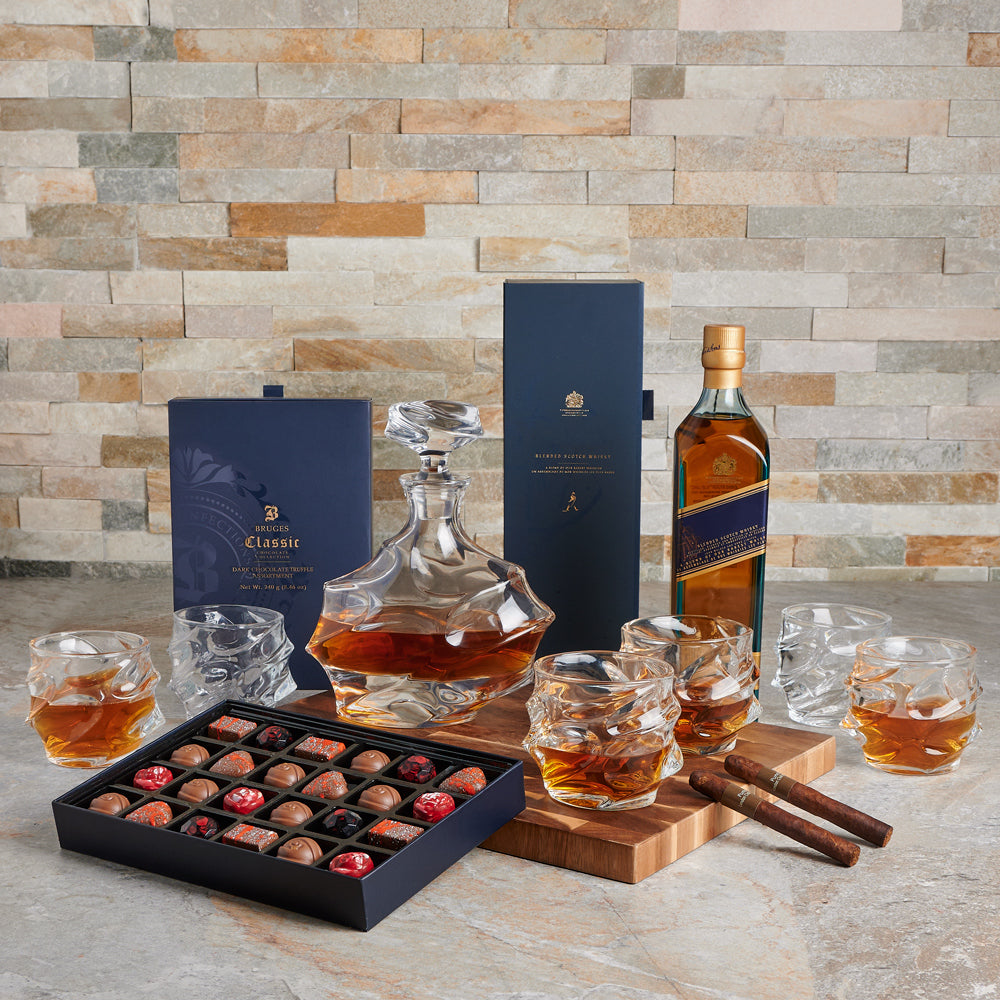 Premium Liquor Decanter Set with Bruges Gourmet Truffles – how the gift is presented