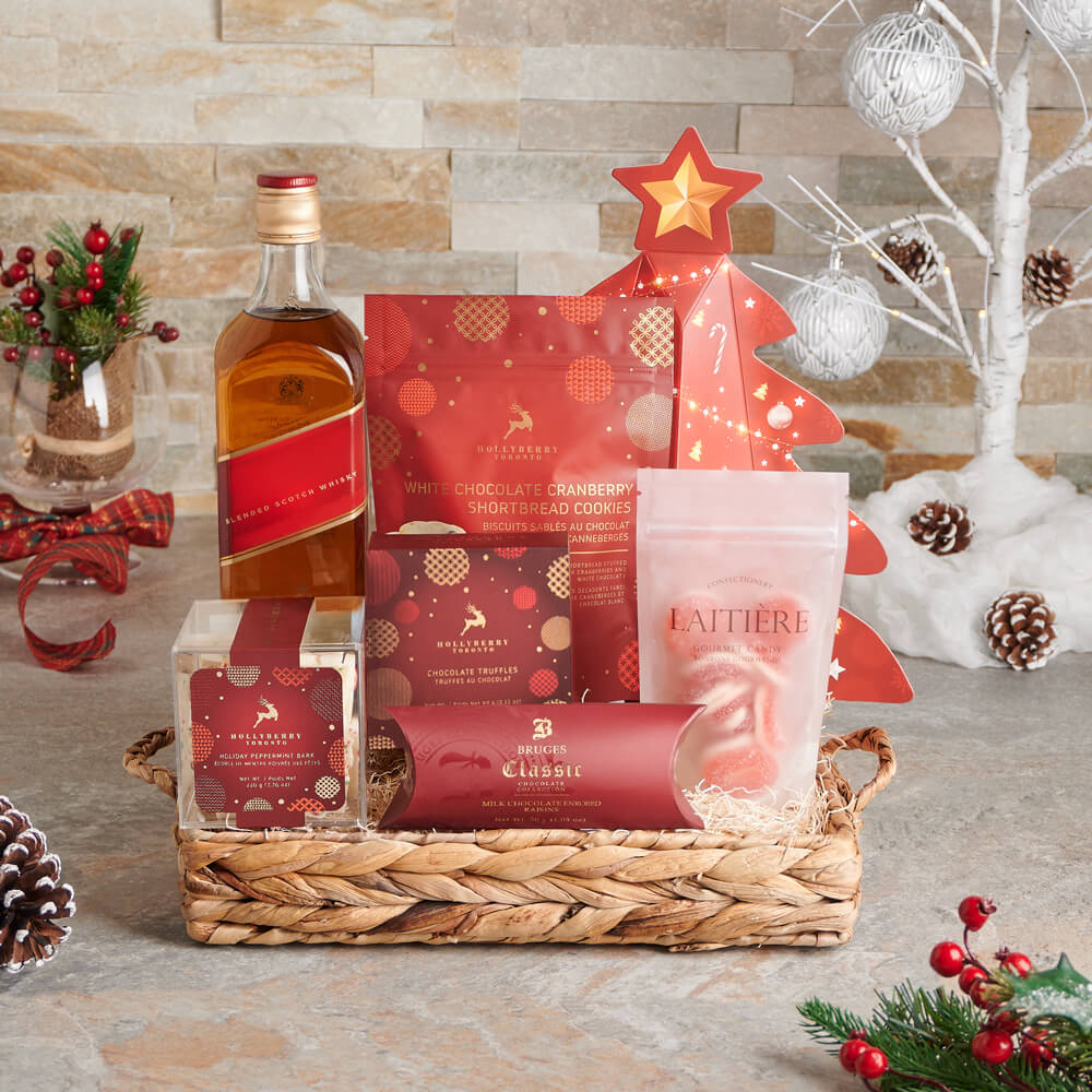 Deluxe Whiskey Gift Set with Holiday Chocolates in Woven Tray – how the gift is presented