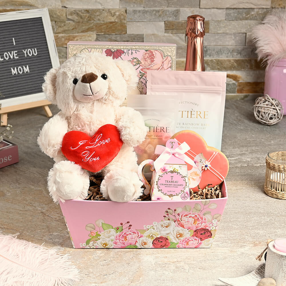 Sparkling Wine Gift Tray with Strawberry Delights Tea and Sweets for Mom – how the gift is presented