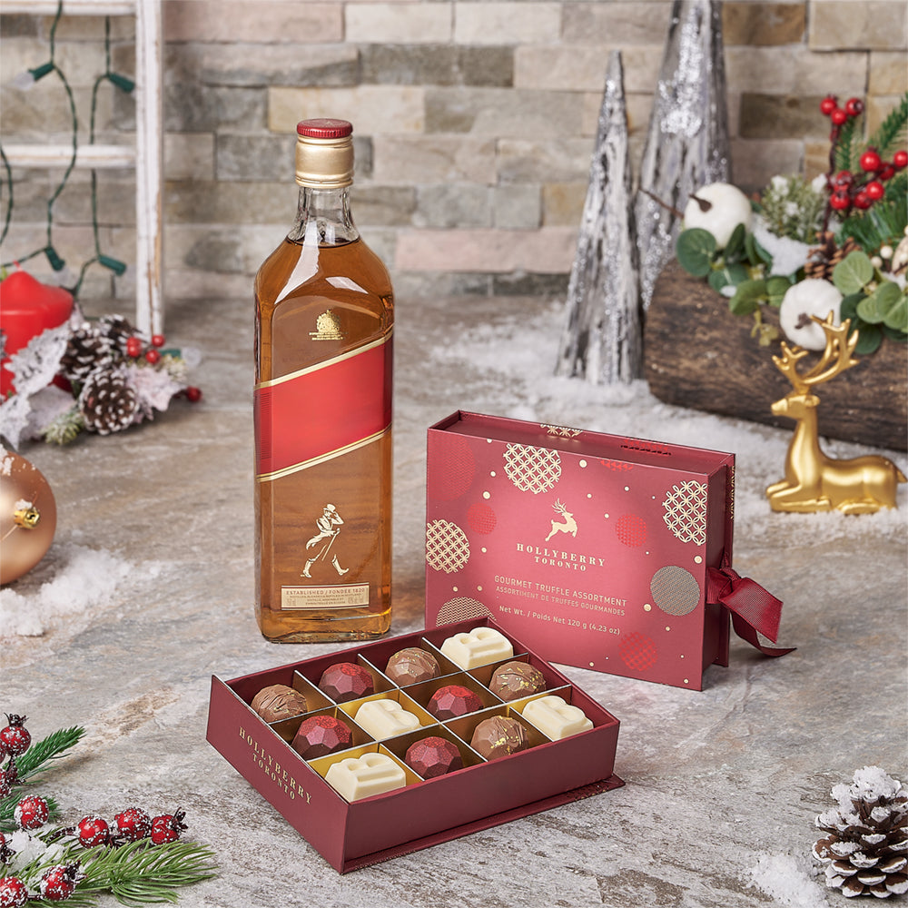 Festive Whiskey and Truffle Basket – how the gift is presented