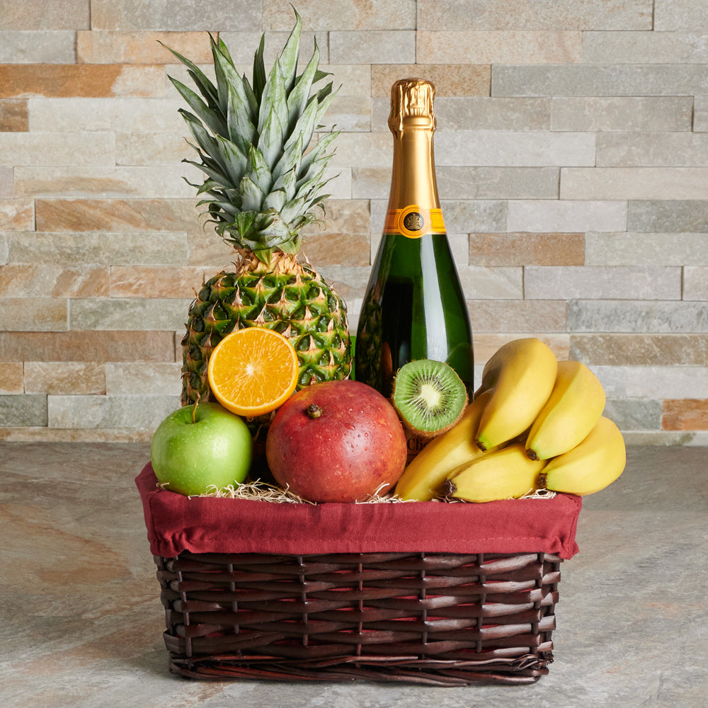 Tropical Fruit and Sparkling Wine Basket – how the gift is presented