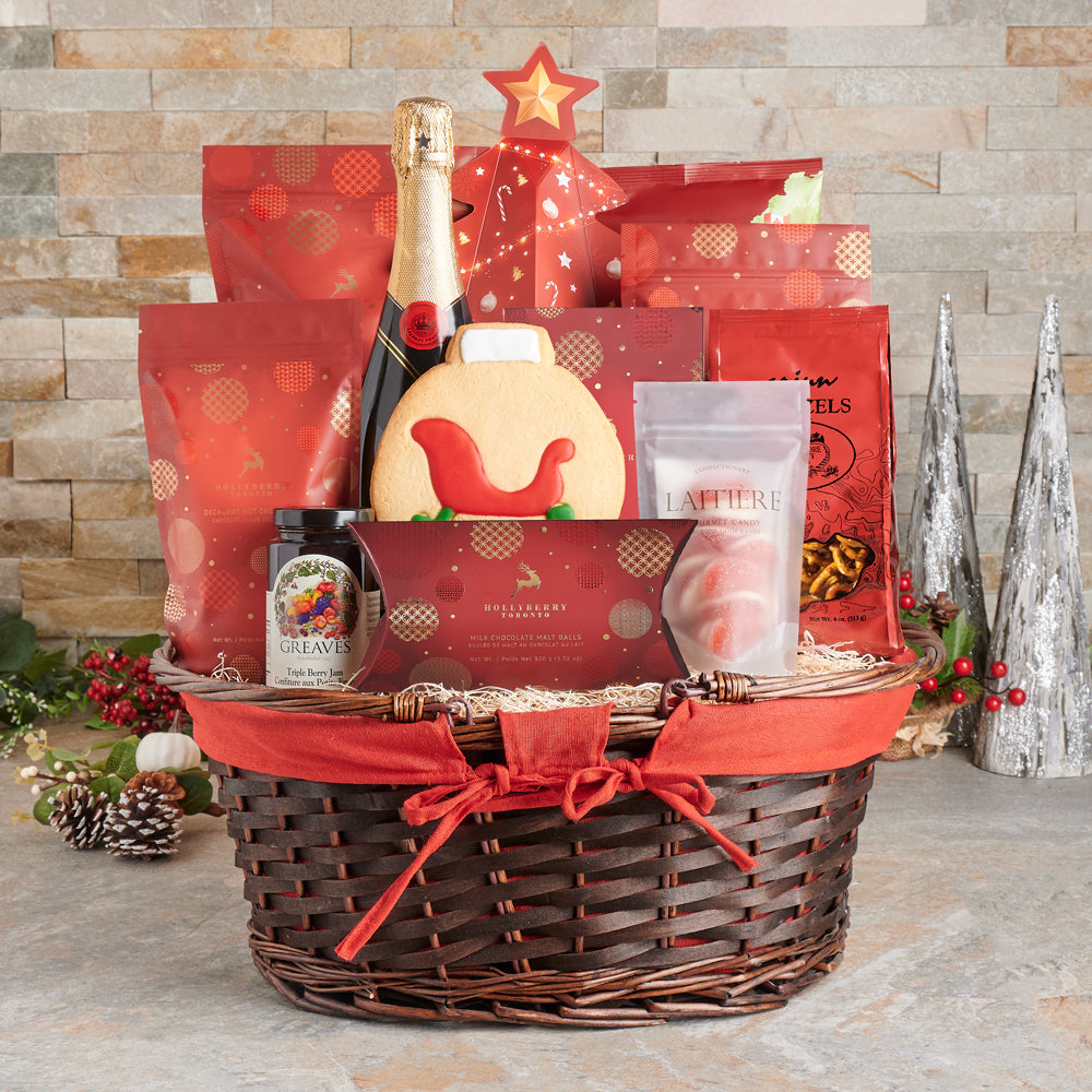 The North Pole Gourmet Champagne Christmas Gift Basket, popcorn, beet chips, jam, pretzels, candy, Chocolate, cookies, Champagne Gift Basket, Champagne, Sparkling Wine, christmas gift basket delivery, delivery christmas gift basket