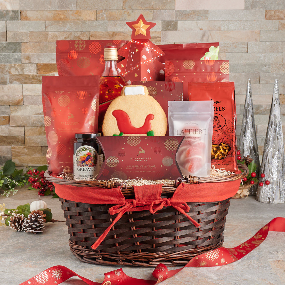 Sweet Winter Tale Liquor Gift Basket, pretzels, jam, popcorn, beet chips, cookies, Chocolate, Liquor Gift Basket, Liquor, spirits, christmas gift basket delivery, delivery christmas gift basket