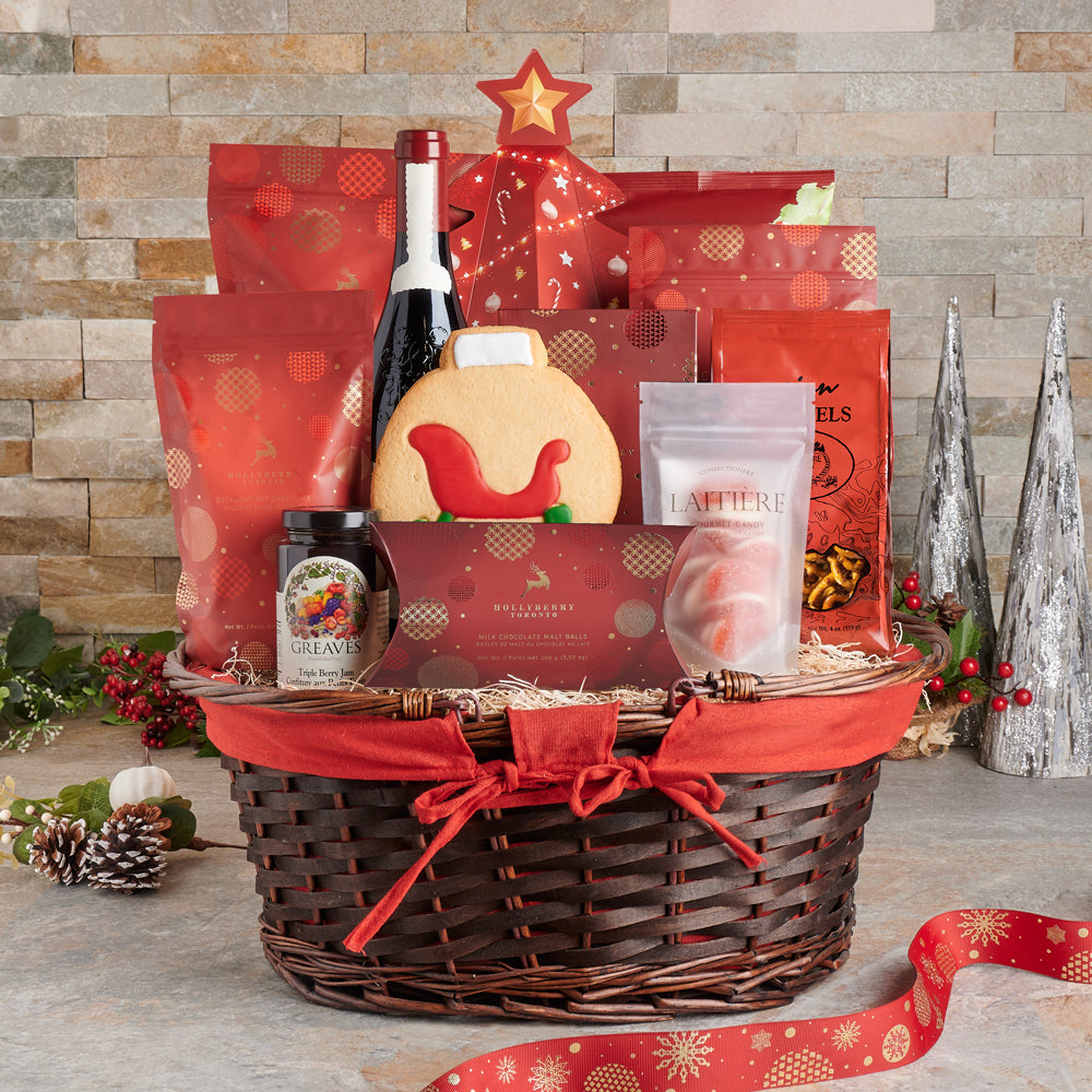 Festive Wine Gift Basket with Chocolate Truffles and Savory Snacks – how the gift is presented