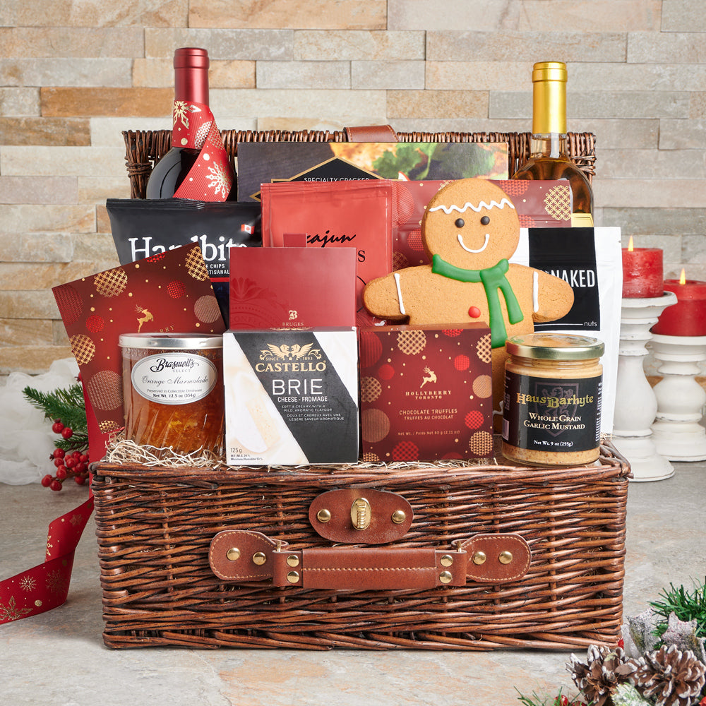 Christmas Wine Gift Basket Featuring Brie Cheese and Sweet Treats – how the gift is presented