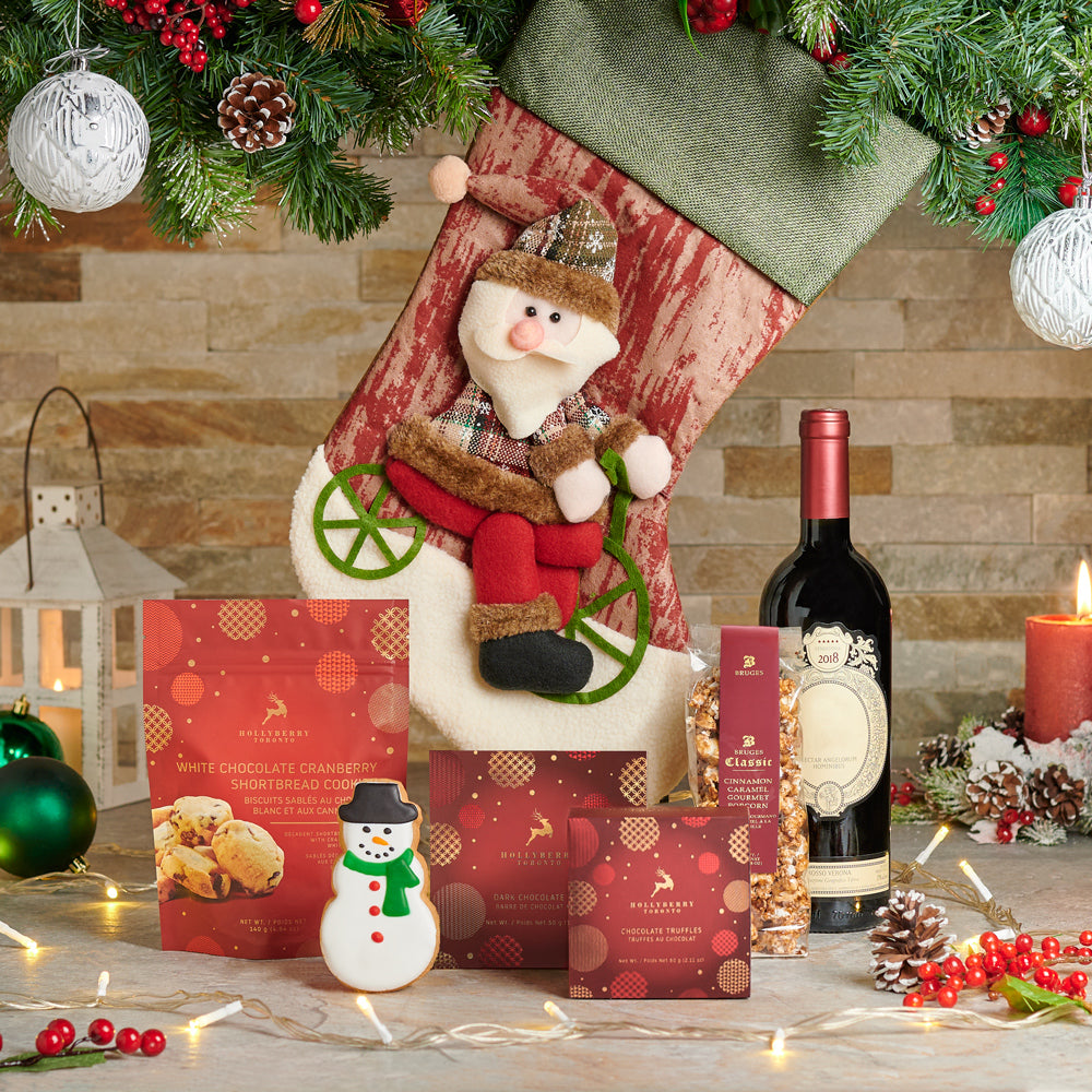 Cycling Santa Stocking & Wine Gift Set, popcorn, christmas, cookies, Chocolate, gourmet, wine, wine gift, wine gift delivery, delivery wine gift