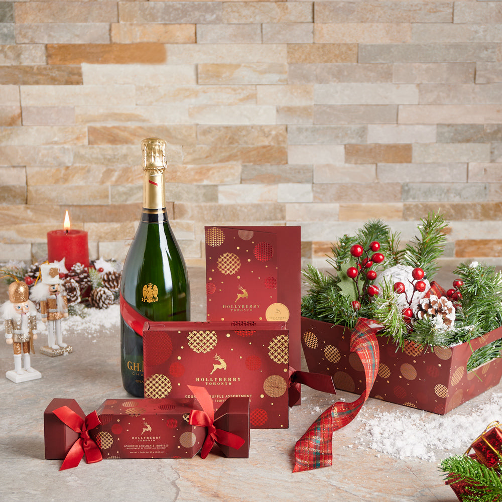 Holiday Chocolate and Sparkling Wine Tray – how the gift is presented