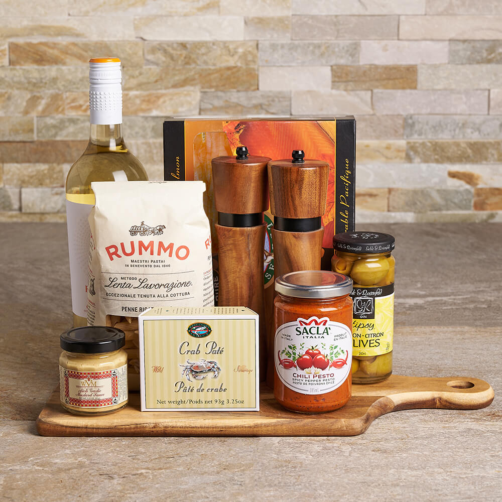 Artisanal Wine and Pasta Gift Basket – how the gift is presented