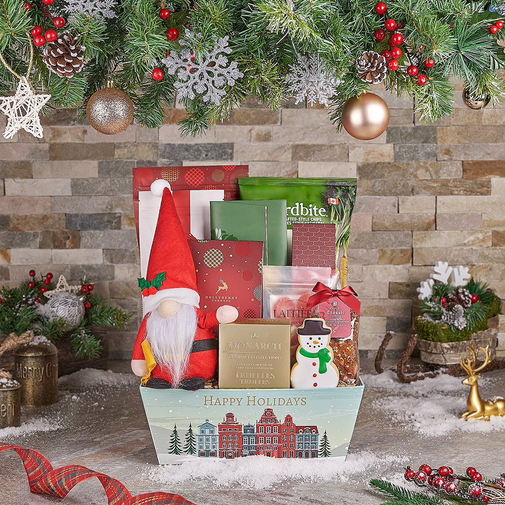 Festive Holiday Market Tray with Gourmet Chocolate Assortments Gift Basket – how the gift is presented