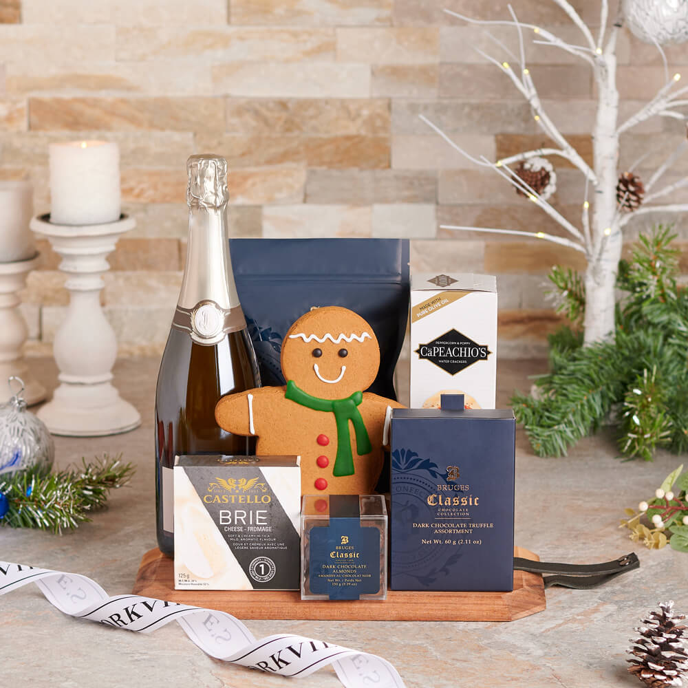 Christmas Sparkling Wine and Brie Basket – how the gift is presented