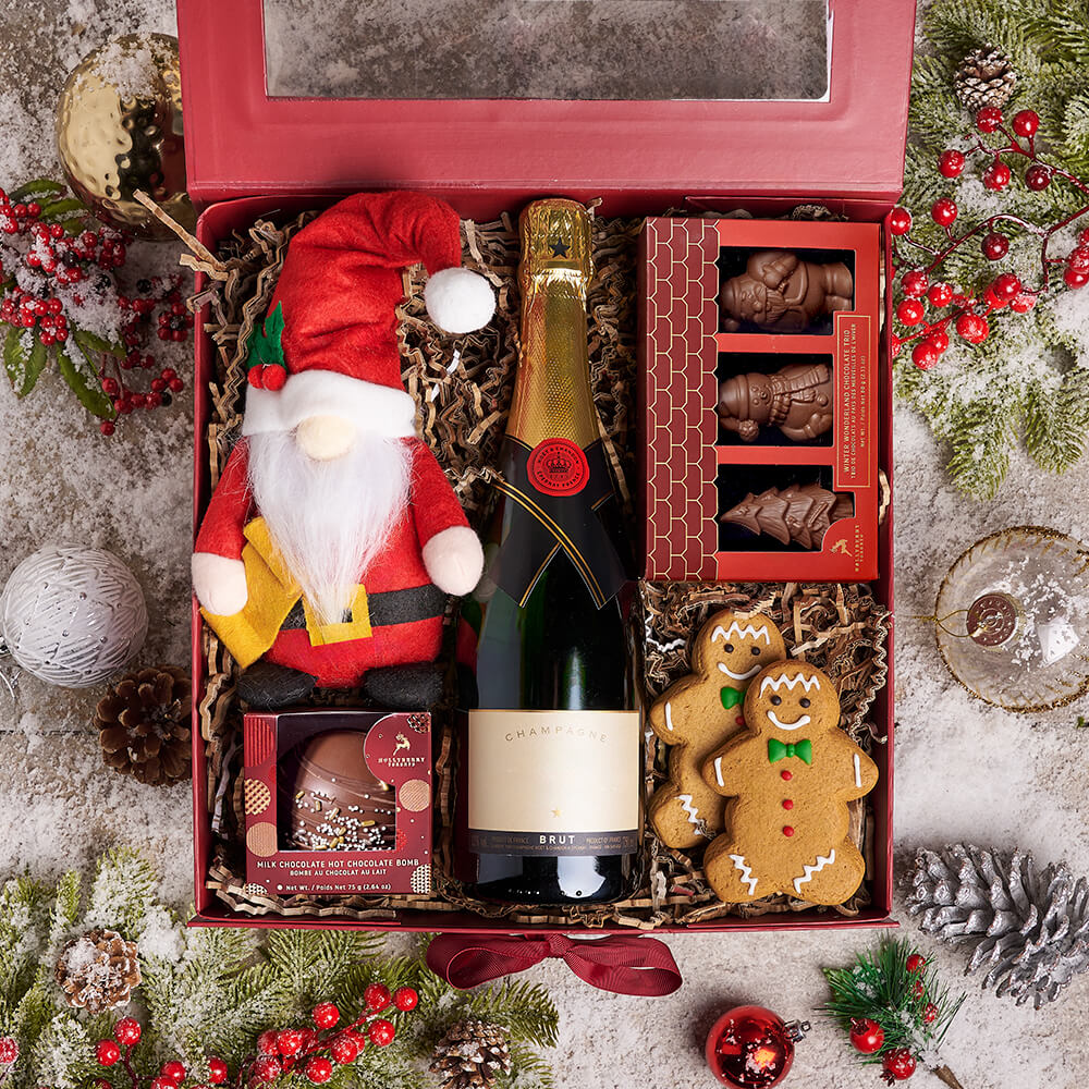 Premium Sparkling Wine Gift Trio with Santa Decor and Gourmet Chocolates – how the gift is presented