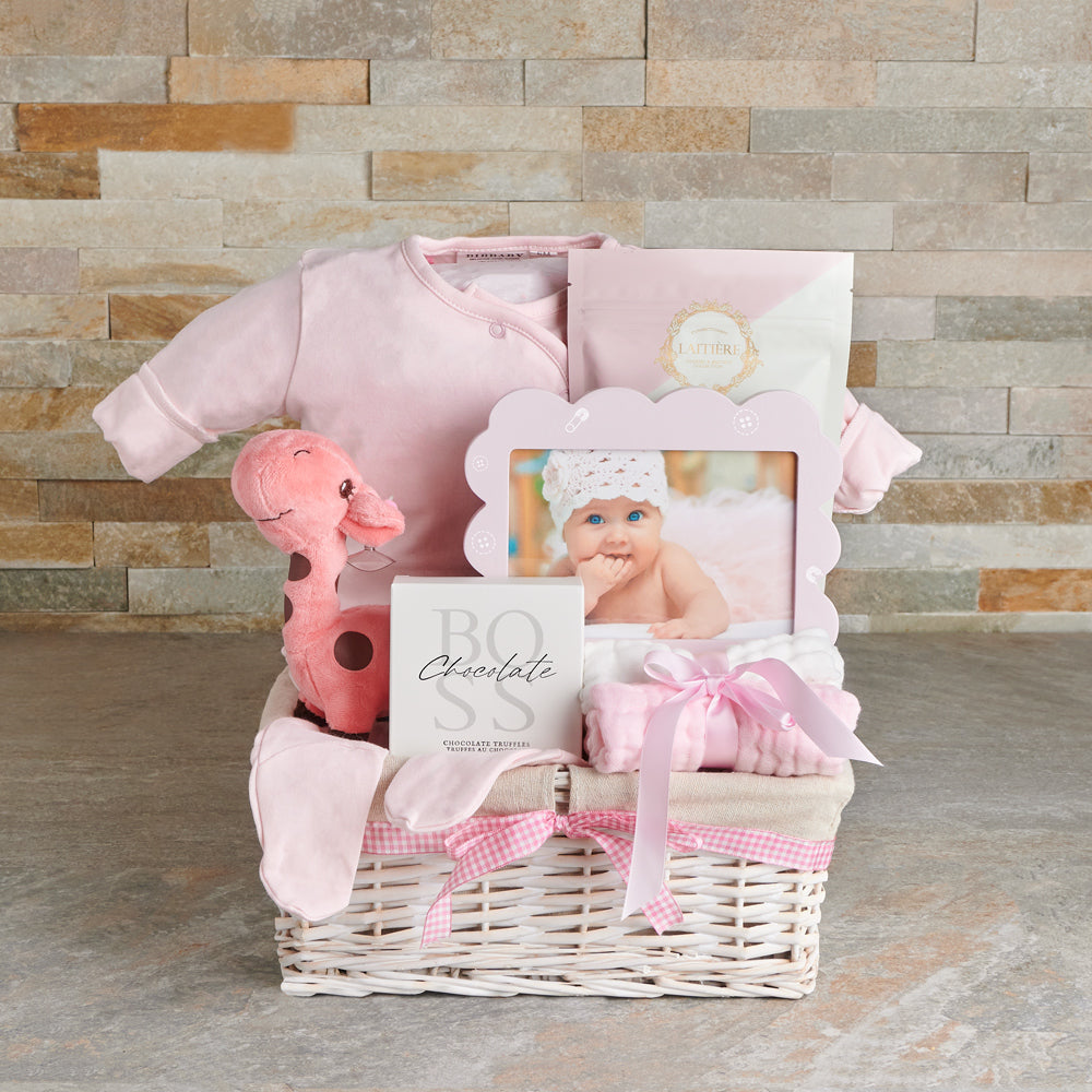 New Baby Girl Cuddly Pink Gift Basket – how the gift is presented