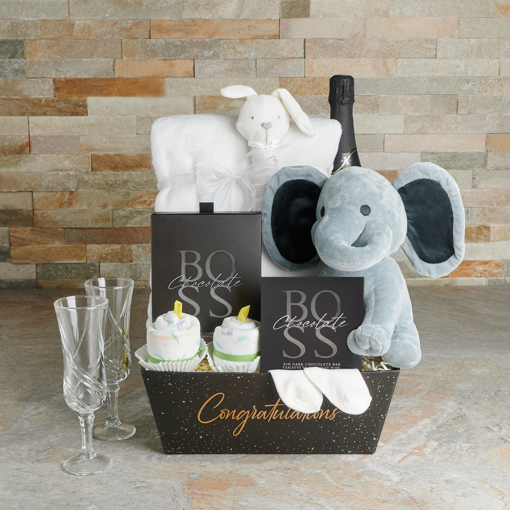 Sparkling Wine and Baby Essentials Gift – how the gift is presented