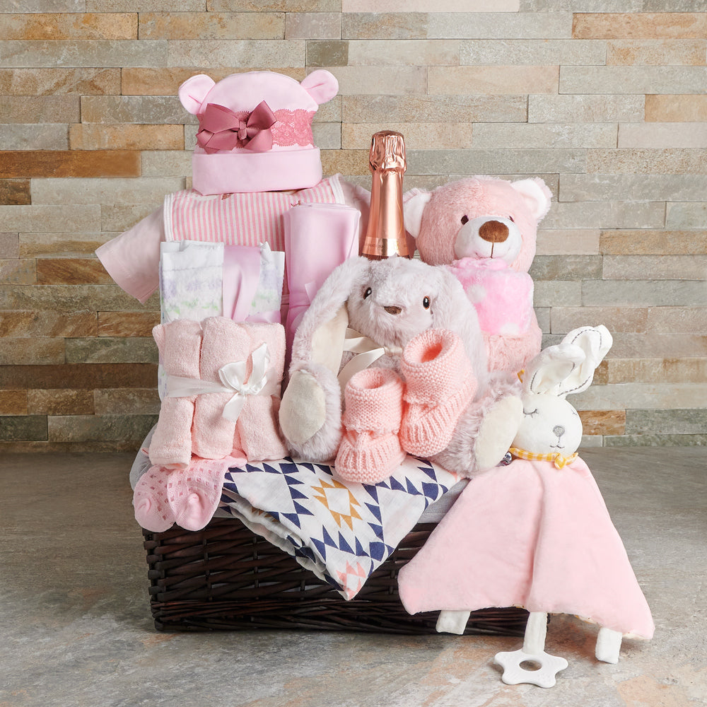 Sparkling Wine Gift Basket for New Baby Girl with Cozy Essentials – how the gift is presented