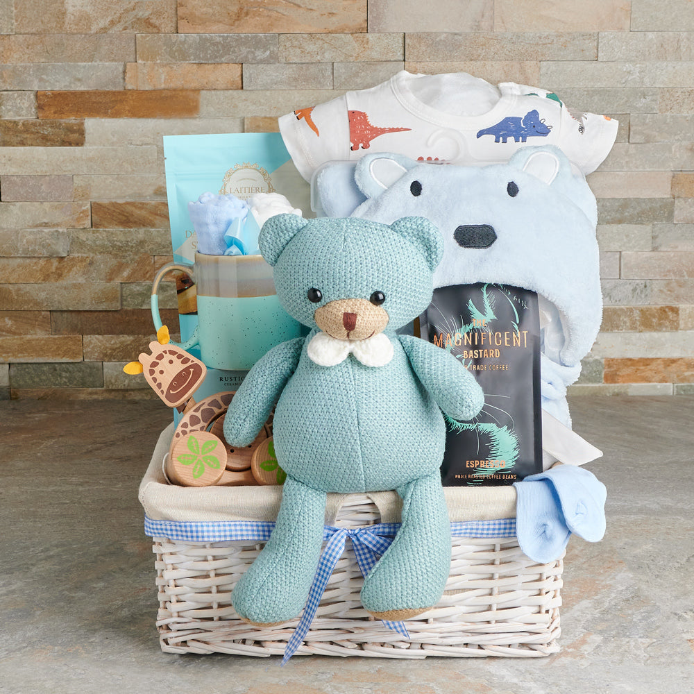 Blue Knitted Teddy Baby Gift Set – how the gift is presented