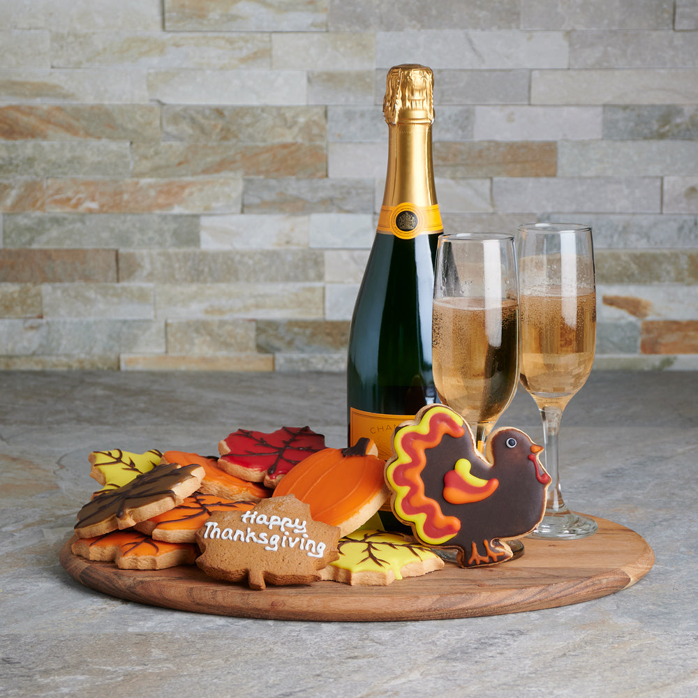 Thanksgiving Sparkling Wine Gift Basket with Teak Cutting Board and Fall Cookies – how the gift is presented