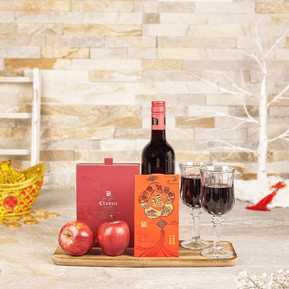 Premium Wine Gift Basket with Bruges Chocolates and Wooden Serving Board – how the gift is presented