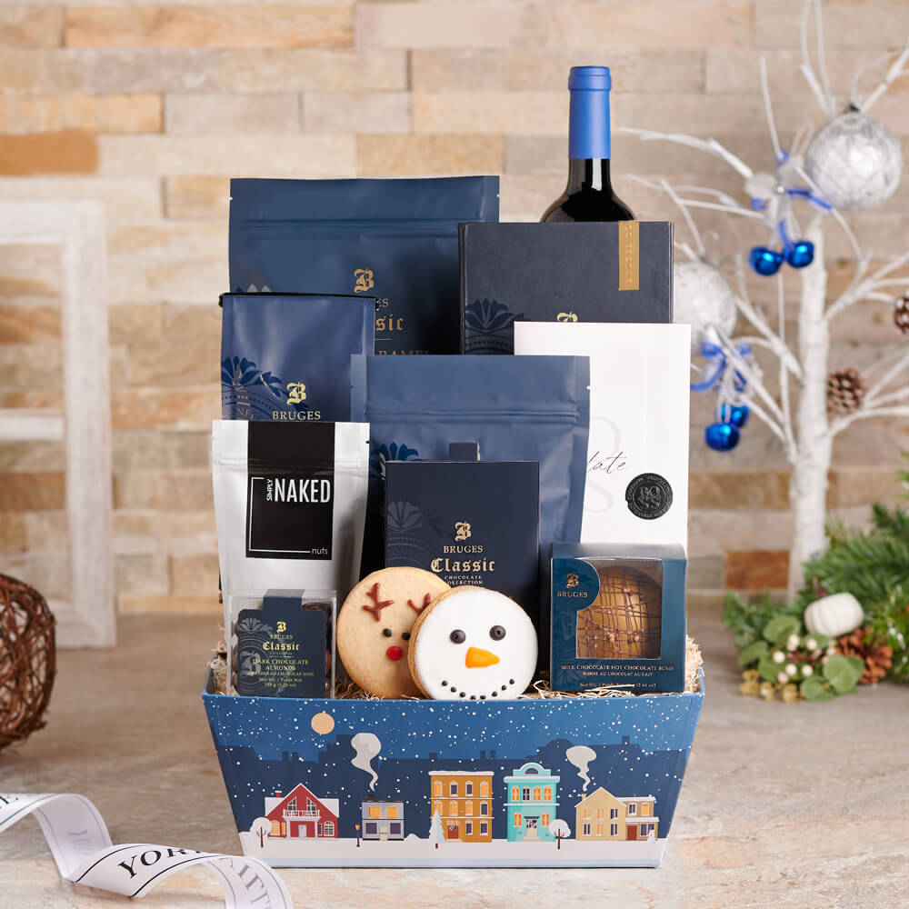 Snowman Wine and Gourmet Treat Basket – how the gift is presented