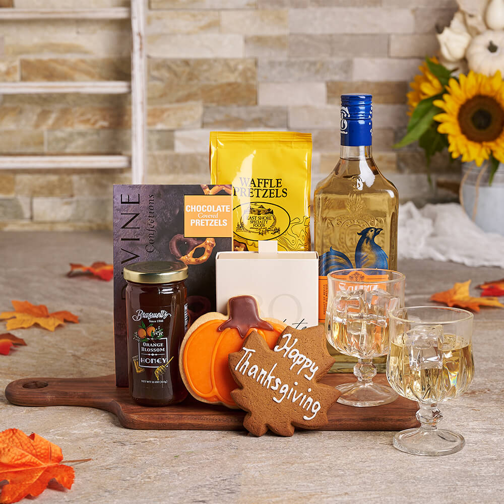 Thanksgiving Liquor Gift Basket with Pumpkin Cookies and Chocolate Truffles – how the gift is presented