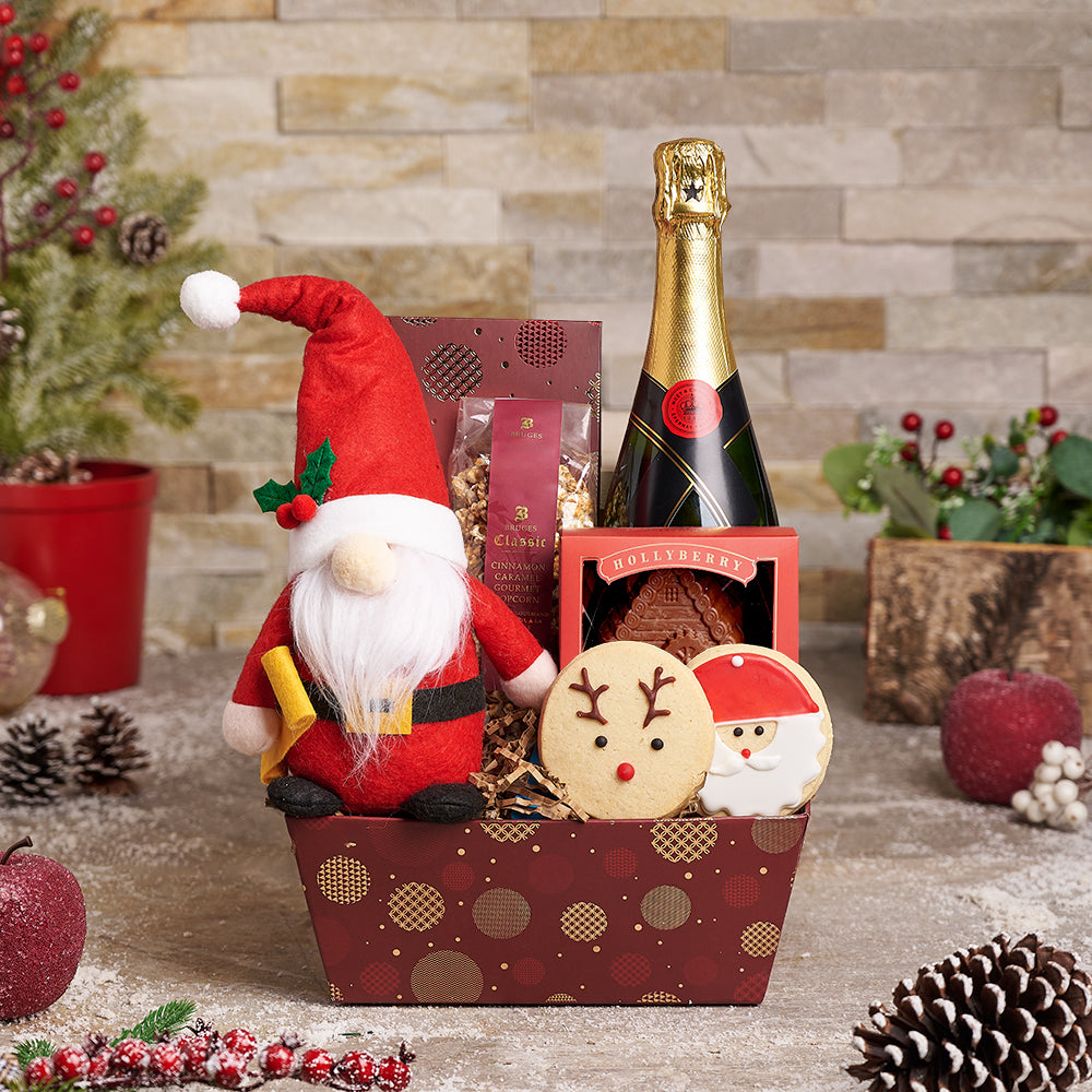 Holiday Gift Tray Featuring Sparkling Wine and Gourmet Treats – how the gift is presented