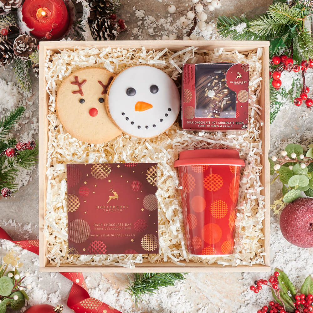 Holiday Hot Chocolate Bomb Gift Basket in Wooden Box – how the gift is presented