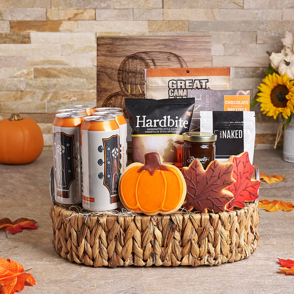 Thanksgiving Beer and Gourmet Snack Basket in Oval Woven Tray – how the gift is presented