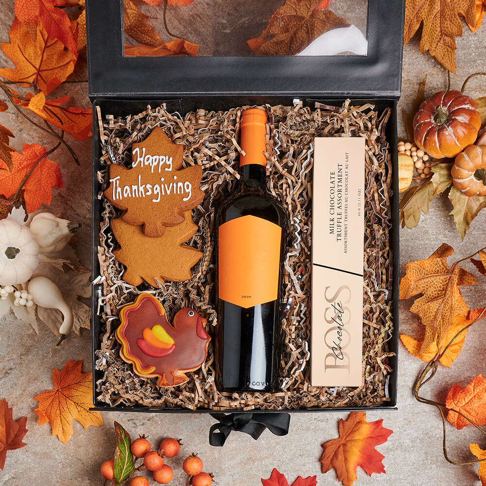 Premium Wine and Thanksgiving Cookie Gift Basket in Black Folding Box – how the gift is presented