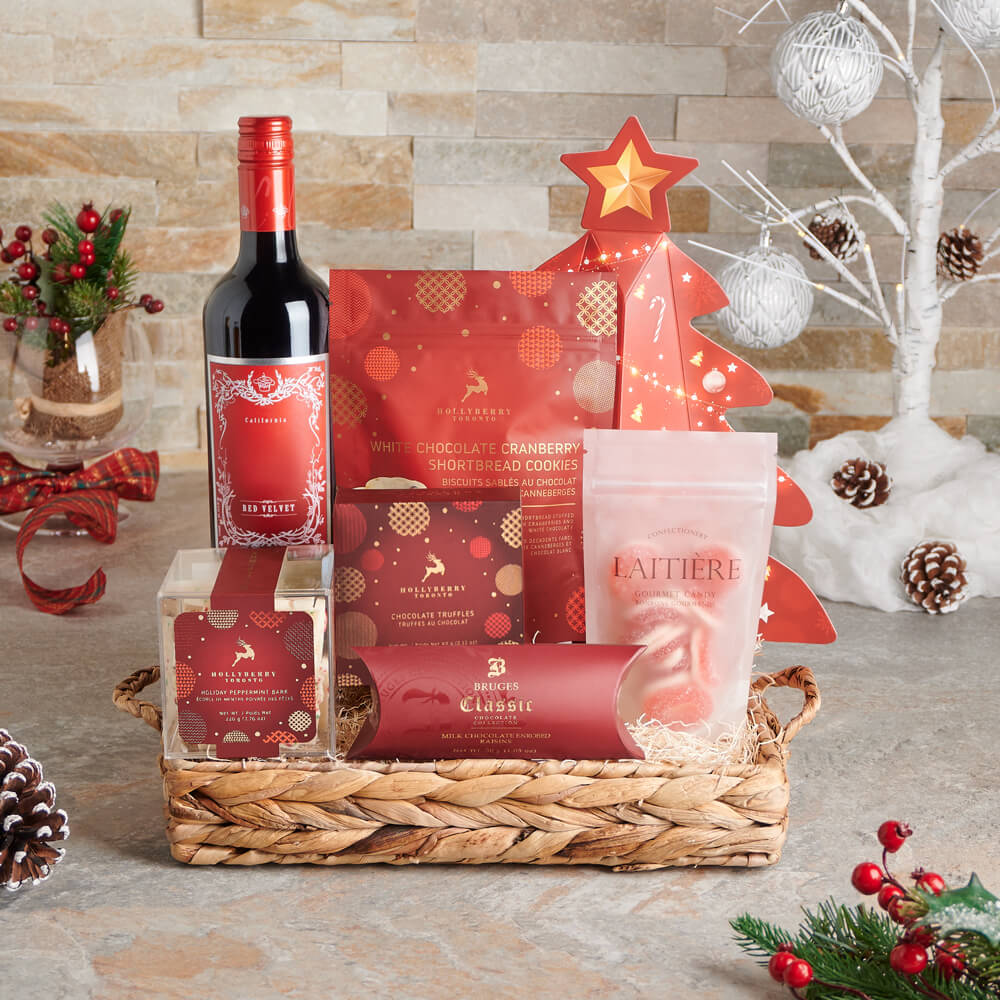 Red Wine with Assorted Holiday Chocolates – how the gift is presented