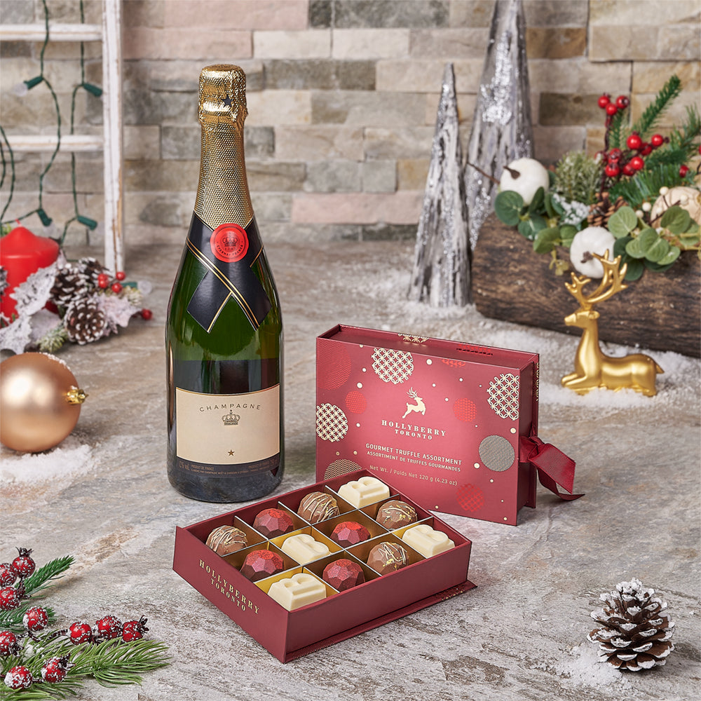 Sparkling Wine Gift Box with Assorted Chocolate Truffles – how the gift is presented