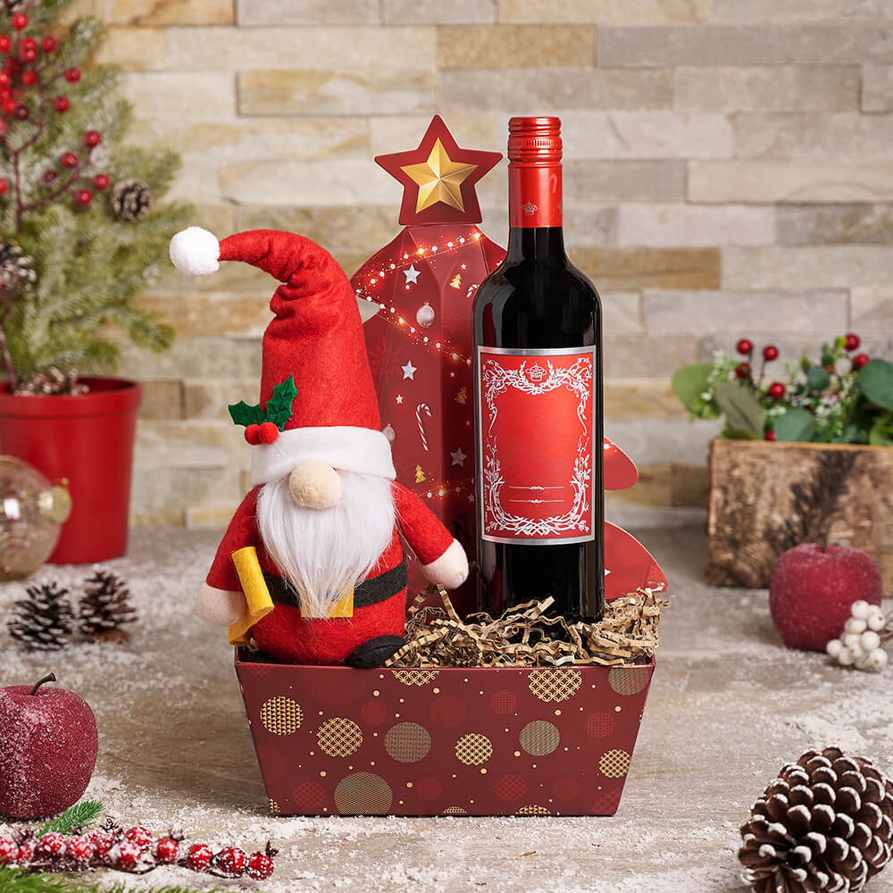 Holiday Red Wine and Gourmet Snack Gift Tray with Santa Claus Figure – how the gift is presented