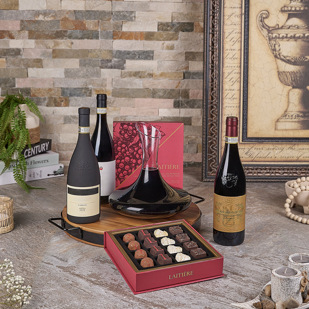 The Tre Vini Gift Basket - Premium Vintage Wines, wine gift, wine, chocolate gift, chocolate, decanter gift, decanter