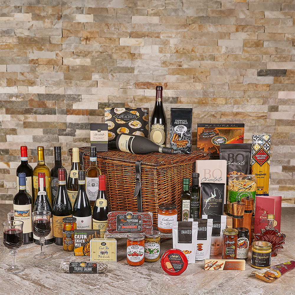 Classic Wicker Gift Basket Featuring Table Wine and Gourmet Delights – how the gift is presented