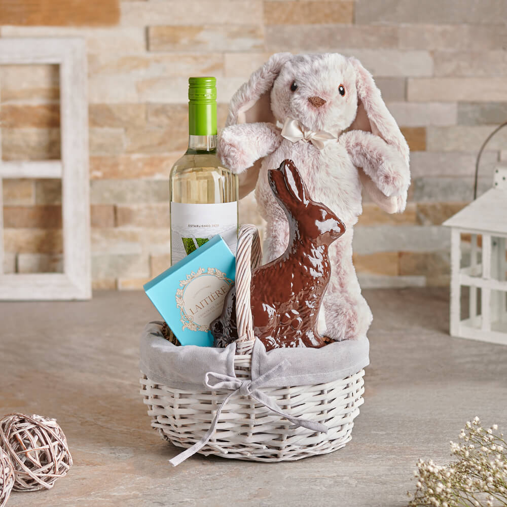 Chocolate Bunny and Wine Easter Basket – how the gift is presented