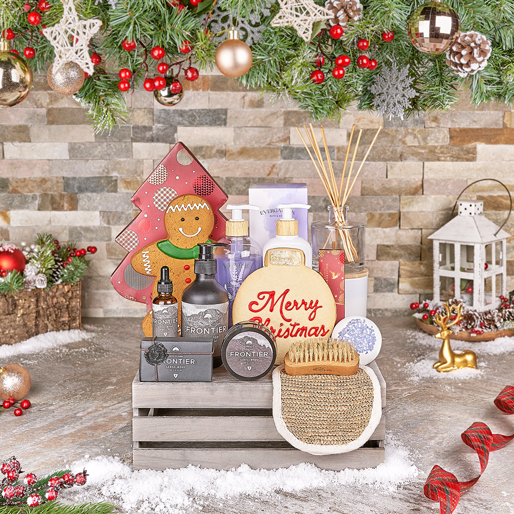 Lavender Spa and Holiday Treat Gift Basket in Wooden Crate – how the gift is presented
