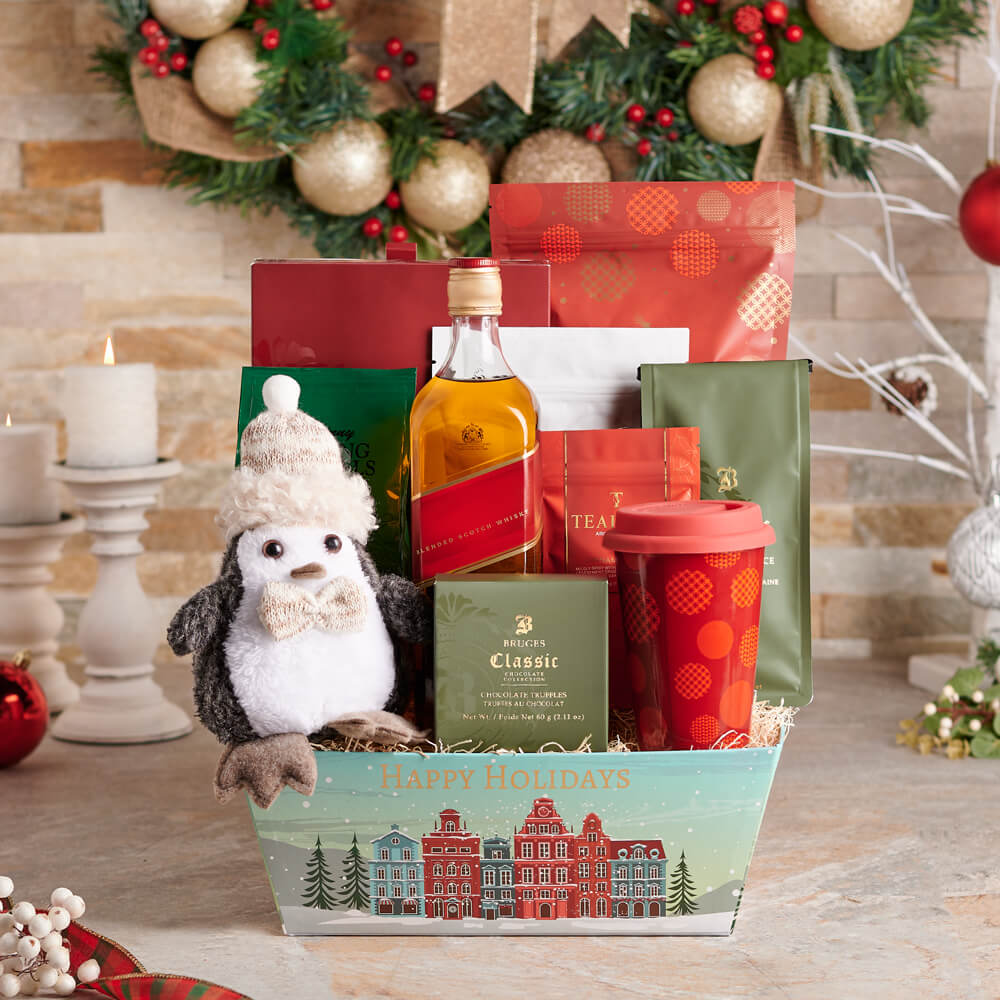 Holiday Gift Basket Featuring Premium Liquor and Artisan Chocolates – how the gift is presented