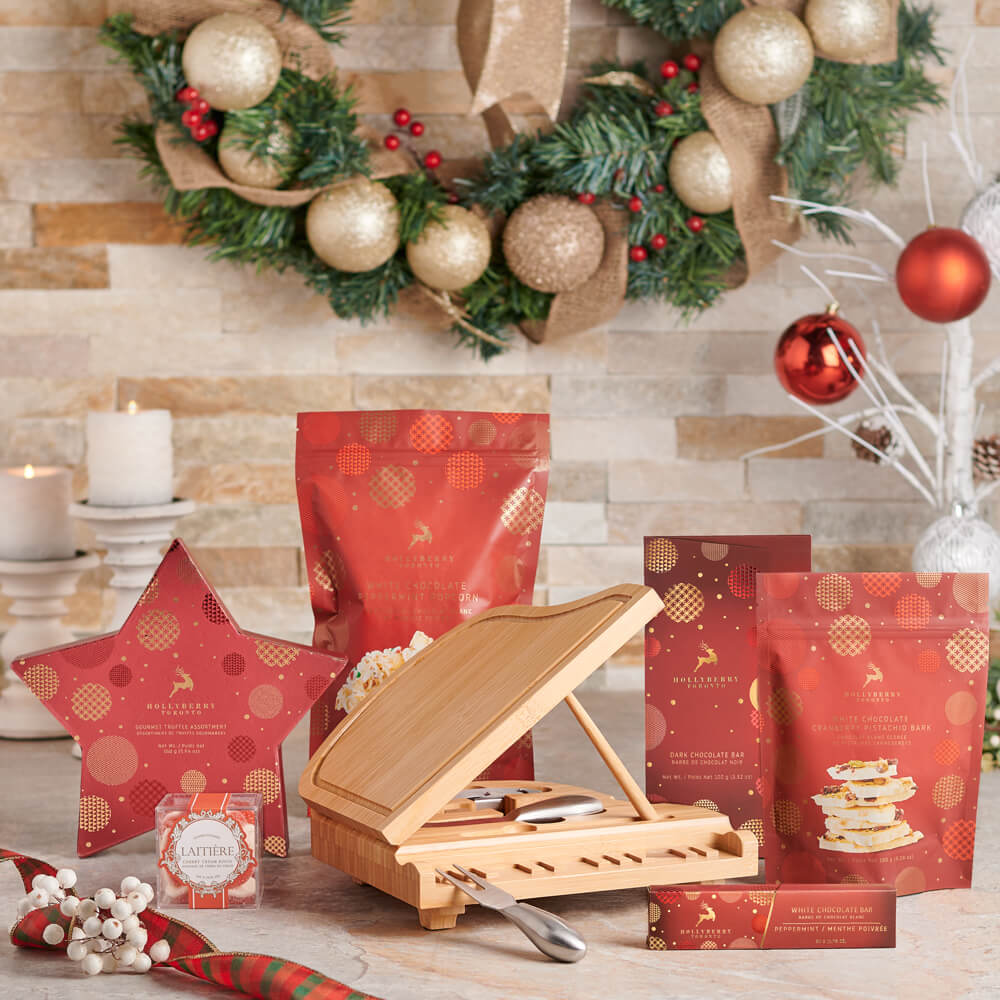 Holiday Cheese Board with Festive Snacks – how the gift is presented