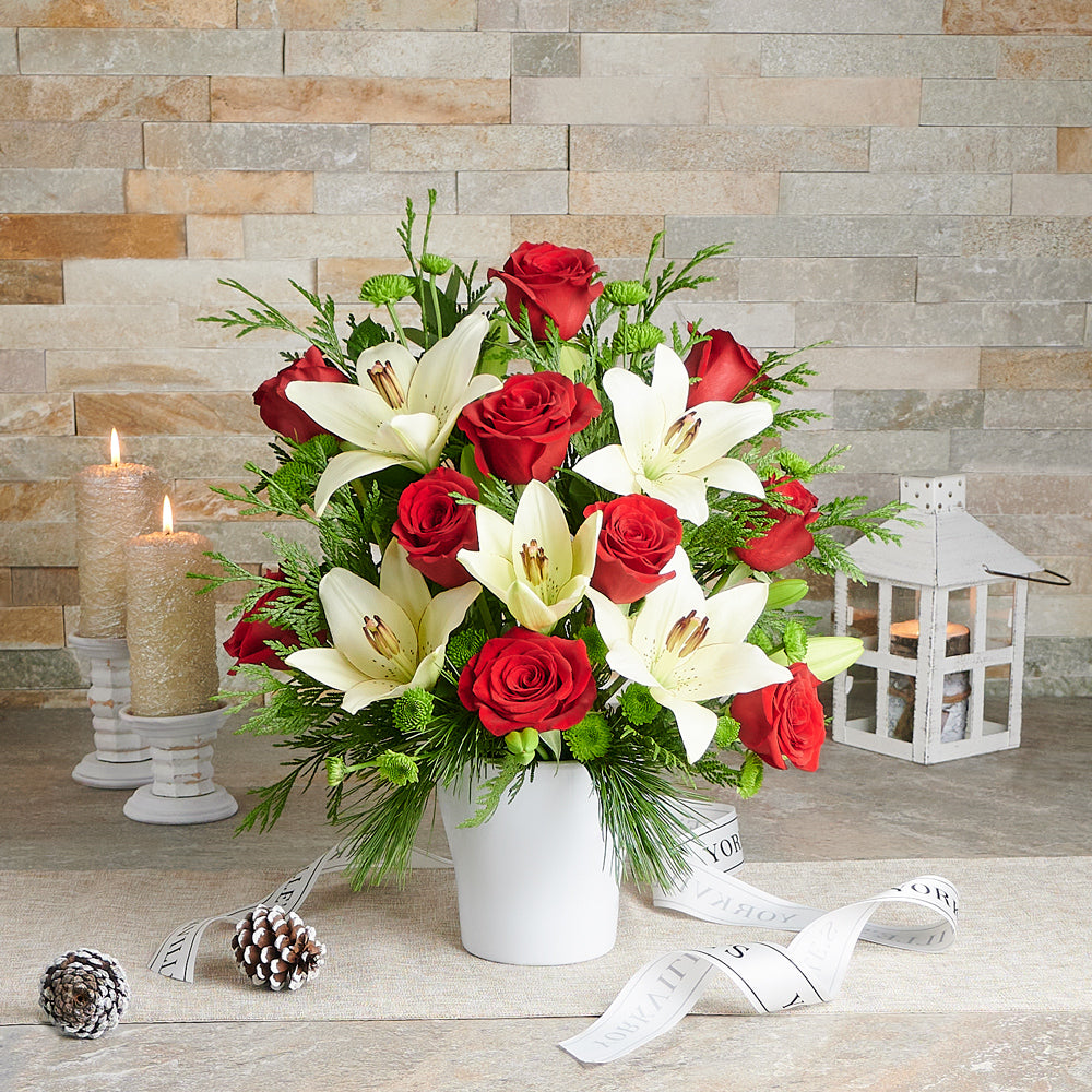 Holiday Red and White Roses with Lilies Flower Arrangement – how the gift is presented