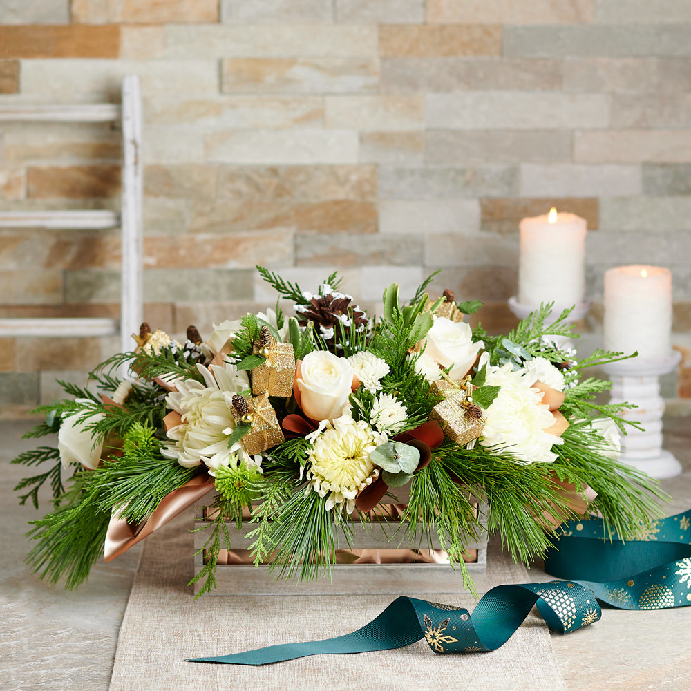 Rose and Chrysanthemum Wooden Crate – how the gift is presented